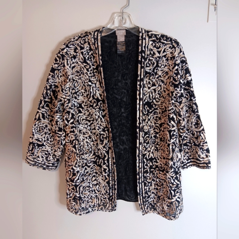 Chicos Travelers Blazer Size 0 Womens Small Spiral Pattern Open Front